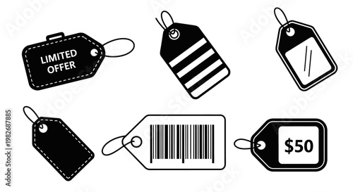Collection of various tag icons including limited offer, barcode, and price tags for retail and e-commerce