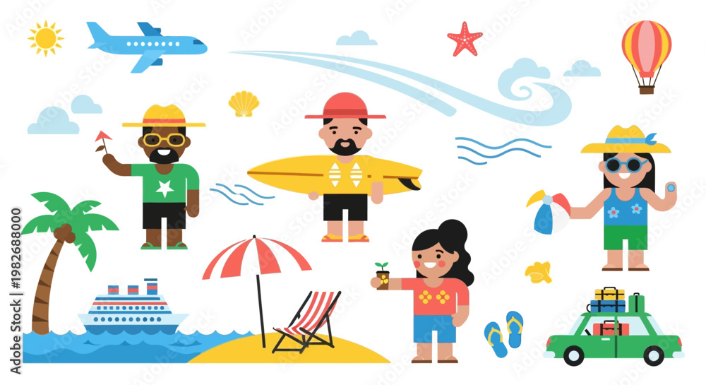 Fototapeta premium Vibrant flat design vector collection showcasing a variety of summer holiday activities, beach vacations, and global travel adventures with diverse characters