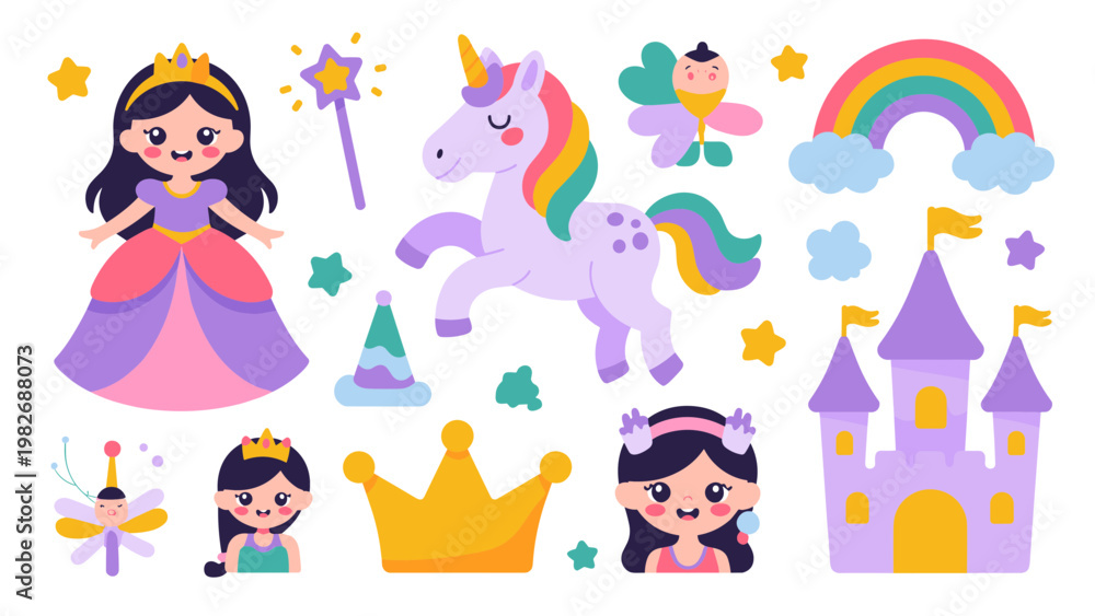 Fototapeta premium Cute Princess and Unicorn Fairytale Vector Set Magical Fantasy Character Collection