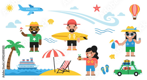 Vibrant flat design vector collection showcasing a variety of summer holiday activities, beach vacations, and global travel adventures with diverse characters