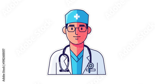 Friendly Male Doctor Character Illustration Wearing Glasses and Stethoscope - Dedicated Healthcare Professional Avatar