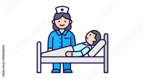 Nurse caring for a sick patient in a hospital bed, providing medical assistance and comfort during recovery