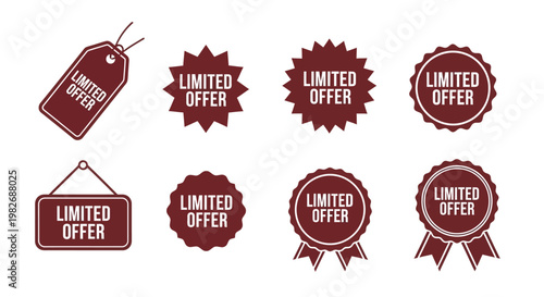 Collection of various stylized limited offer badges, tags, and labels for marketing promotions and discount sales campaigns