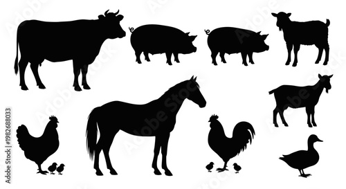 Farm animals 2d flat vector illustrated in silhouette cow, pig, sheep, horse, chicken, rooster, duck, and chicks
