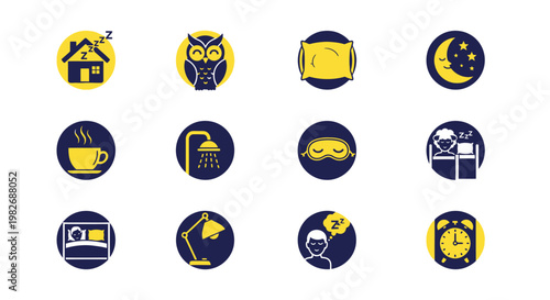 A comprehensive vector icon set illustrating the full daily cycle of rest, relaxation, and morning routines, emphasizing peaceful sleep and a productive wake-up for wellness and lifestyle designs