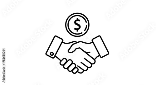 Vector line icon symbolizing a successful business deal, financial agreement, or partnership, depicting a firm handshake and a prominent dollar coin, representing collaboration and transaction