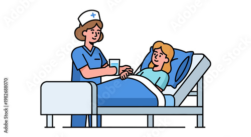 Compassionate nurse delivers attentive care, offering a drink to a patient recovering in a hospital bed, highlighting essential support in a medical environment