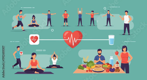 Healthy lifestyle: fitness, yoga, healthy food, and heart health concept