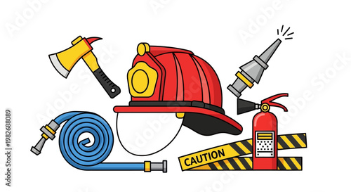 Comprehensive collection of essential firefighting gear and rescue tools, featuring helmet, axe, hose, and extinguisher, vital for emergency response and hazard control
