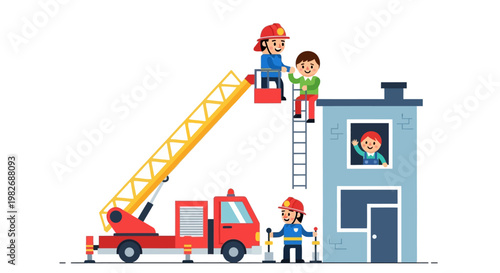 Emergency Rescue Mission Brave Firefighters Utilizing a Ladder Truck to Safely Save a Child from a House Window, Depicting Heroic Action and Community Support