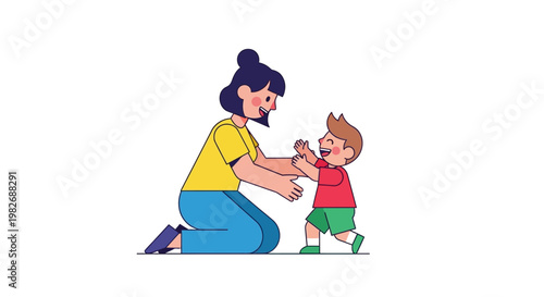 Happy mother kneeling to her child as he takes his first steps toward her in a heartwarming illustration of early childhood development and parental love
