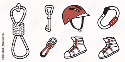 Mountaineering equipment icons set including ropes carabiners climbing helmet and boots for climbing gear climbing rope safety gear hiking boots rock climbing mountaineering