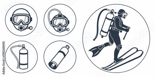 Monochrome scuba diving gear and diver silhouette in circular icons with equipment underwater monochrome swimming adventure activity silhouette illustration isolated collection