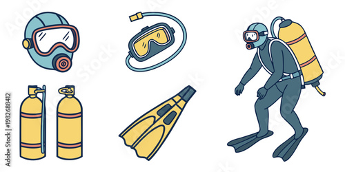 Scuba diving equipment set with diver and underwater gear icons equipment underwater swimming adventure activity illustration isolated collection professional recreation training