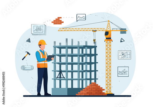 Construction Site. Engineer Inspecting Building. Modern Architecture. Flat Design. Vector Illustration.