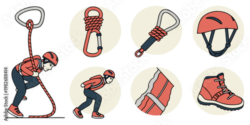 Set of rock climbing equipment and climber actions in circular icons with climbing equipment carabiner mountaineering adventure activity collection illustration isolated lifestyle
