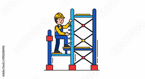 A determined construction worker in a hard hat and overalls is actively climbing a stable scaffolding structure, symbolizing progress and teamwork in a project