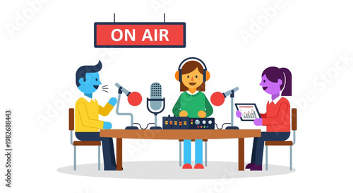 Dynamic broadcast team produces engaging audio content in a modern studio environment, featuring hosts and guests interacting with professional microphones and a mixing console