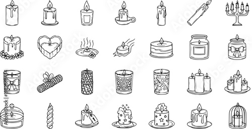 Black and White Line Art Set of Various Candles, Vector Icons