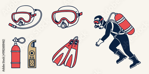 Red scuba diving equipment icons set and diver character with equipment underwater recreation adventure nautical illustration collection isolated activity exploration professional