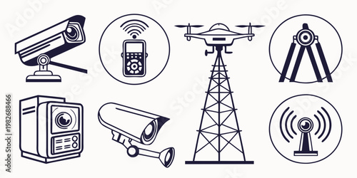 Surveillance and telecommunication technology graphic set with surveillance security technology monitoring communication protection observation recording equipment electronic wireless