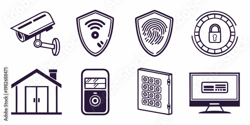 Eight hand-drawn tech security and network infrastructure icons with security surveillance fingerprint protection technology connection illustration business wireless authentication
