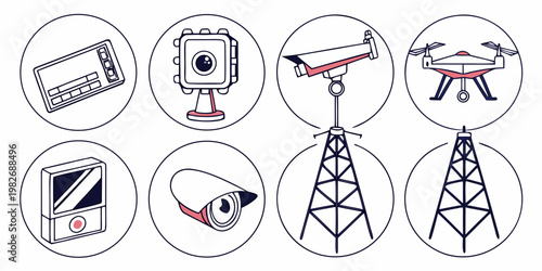 Round icon set of advanced security and surveillance technology with surveillance technology communication security broadcast equipment transmission monitoring observation hardware