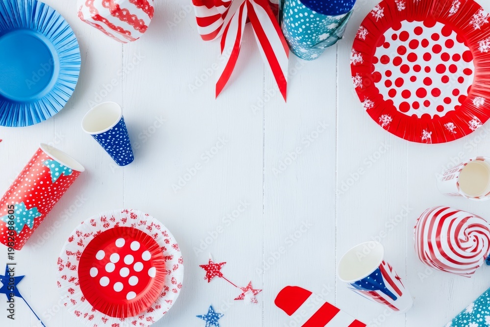 Obraz premium USA patriotic background. Red, white, and blue disposable party supplies, featuring plates, cups, and decorative elements suitable for celebrations Independence Day or Memorial Day. mockup