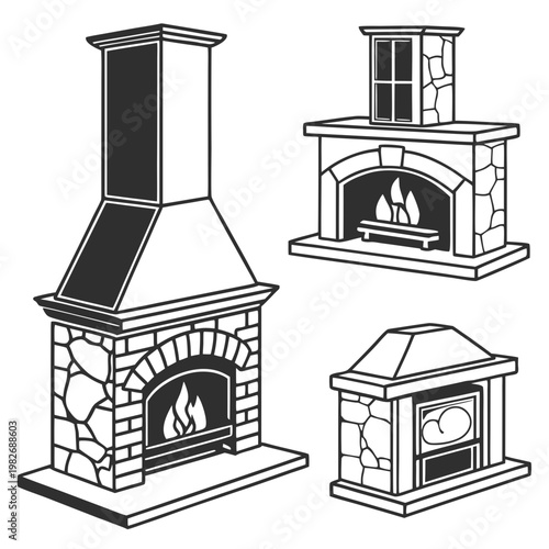 Set of three decorative stone fireplace designs in black and white line art with fireplace architecture interior illustration decoration monochrome collection architectural structure