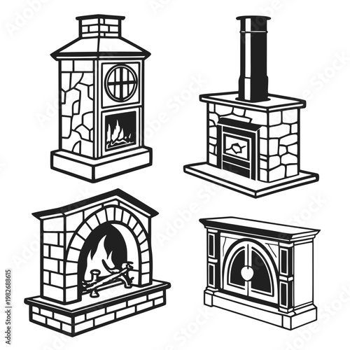 Variety of residential fireplace and heating stove illustrations with fireplace architecture interior illustration decoration monochrome collection architectural structure residential