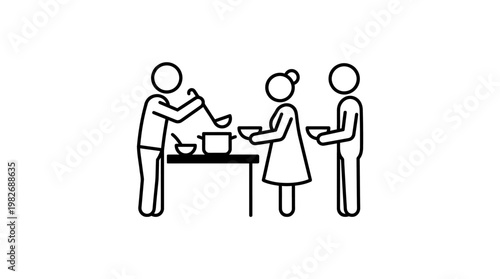 Black and White Stick Figure Volunteer Serving Soup