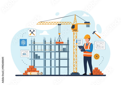 Construction worker overseeing building project with crane and blueprints.