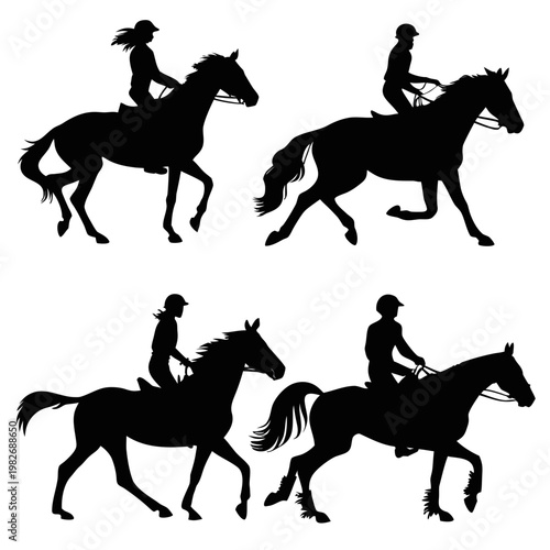 Set of four horse riding silhouettes featuring equestrian riders on horses in action equestrian silhouette activity training galloping competition sporting movement exercise recreation