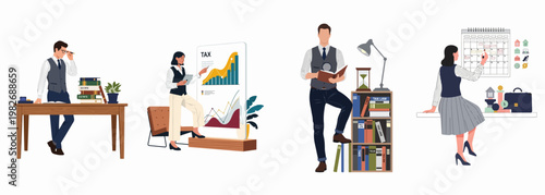 Set of illustrations depicting professional tax consultants and legal experts managing finance, estate planning, and tax law analysis in a modern office setting.