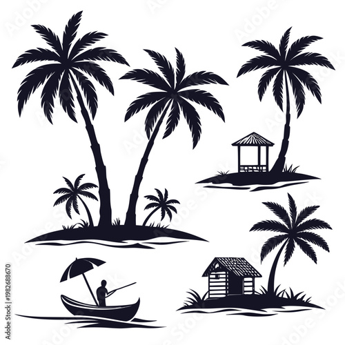Tropical island vacation silhouettes featuring palm trees beach huts and a fisherman silhouette fisherman tropical vacation landscape paradise illustration isolated adventure coastline