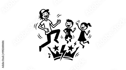 Happy Children and Adult Celebrating Victory with Crowns