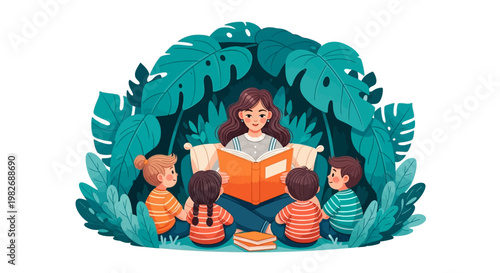 Communal storytelling scene in a lush teal forest