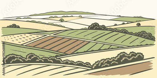 Stylized agricultural field pattern landscape illustration with landscape farmland agriculture cultivation countryside illustration background panoramic vegetation textured planting
