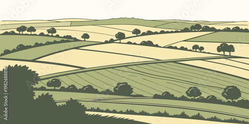 Stylized rolling agricultural landscape with fields and trees illustration landscape agriculture farmland countryside environment grassland illustration textured minimalist background