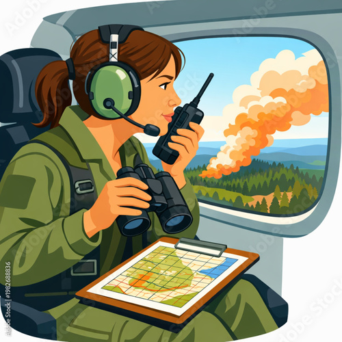 Aerial Fire Detection – Woman in Spotter Plane Monitoring Wildfire Smoke