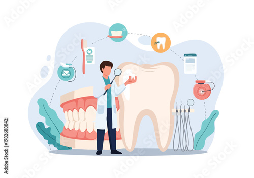 Dentist Examining Tooth, Dental Care Concept Illustration