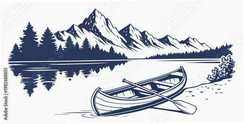 Canoe resting on a lake shore in front of majestic mountain peaks and forest with mountain landscape adventure outdoors wilderness vacation reflection paddling mountains illustration