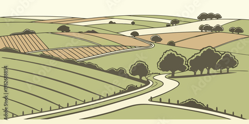 Panoramic hand drawn illustration of rural farmland with winding road landscape farmland countryside agriculture cultivated panoramic grassland illustration background vegetation