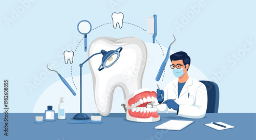 Dentist Practicing Dental Care with Tools and Teeth Model