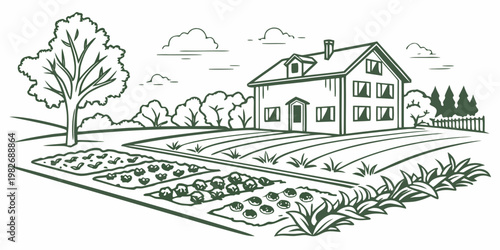 Line art illustration of a farmhouse with a vegetable garden and field landscape rural life farm life field rows farmhouse agriculture landscape countryside vegetables illustration