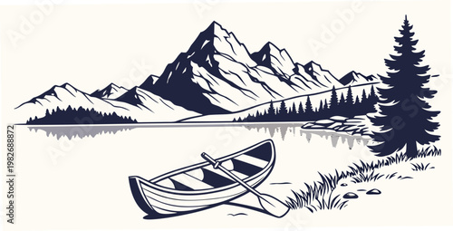 Canoe on lake shore with tall pine tree and mountain range background illustration mountain landscape adventure wilderness outdoors vacation reflection paddling mountains illustration
