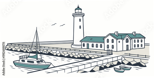 Lighthouse and small sailboat in coastal harbor illustration with lighthouse sailboat nautical maritime landscape navigation architecture building coastline vacation waterfront