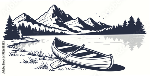 Canoe on the shoreline of a serene mountain lake with pine forest illustration mountain landscape adventure wilderness outdoors vacation reflection paddling mountains illustration