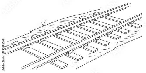 Hand drawn line art sketch of a straight railroad track section on gravel bed with railroad illustration transportation infrastructure transport monochrome minimalist sleepers industry