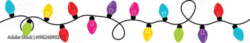 Colorful Christmas lights string vector illustration featuring a horizontal banner of multi colored light bulbs on a black wire for festive holiday winter decorations.